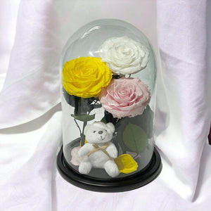 3 Trandafiri Criogenati mari, galben, alb, roz, cupola ursulet - Trandafir-Criogenat.ro