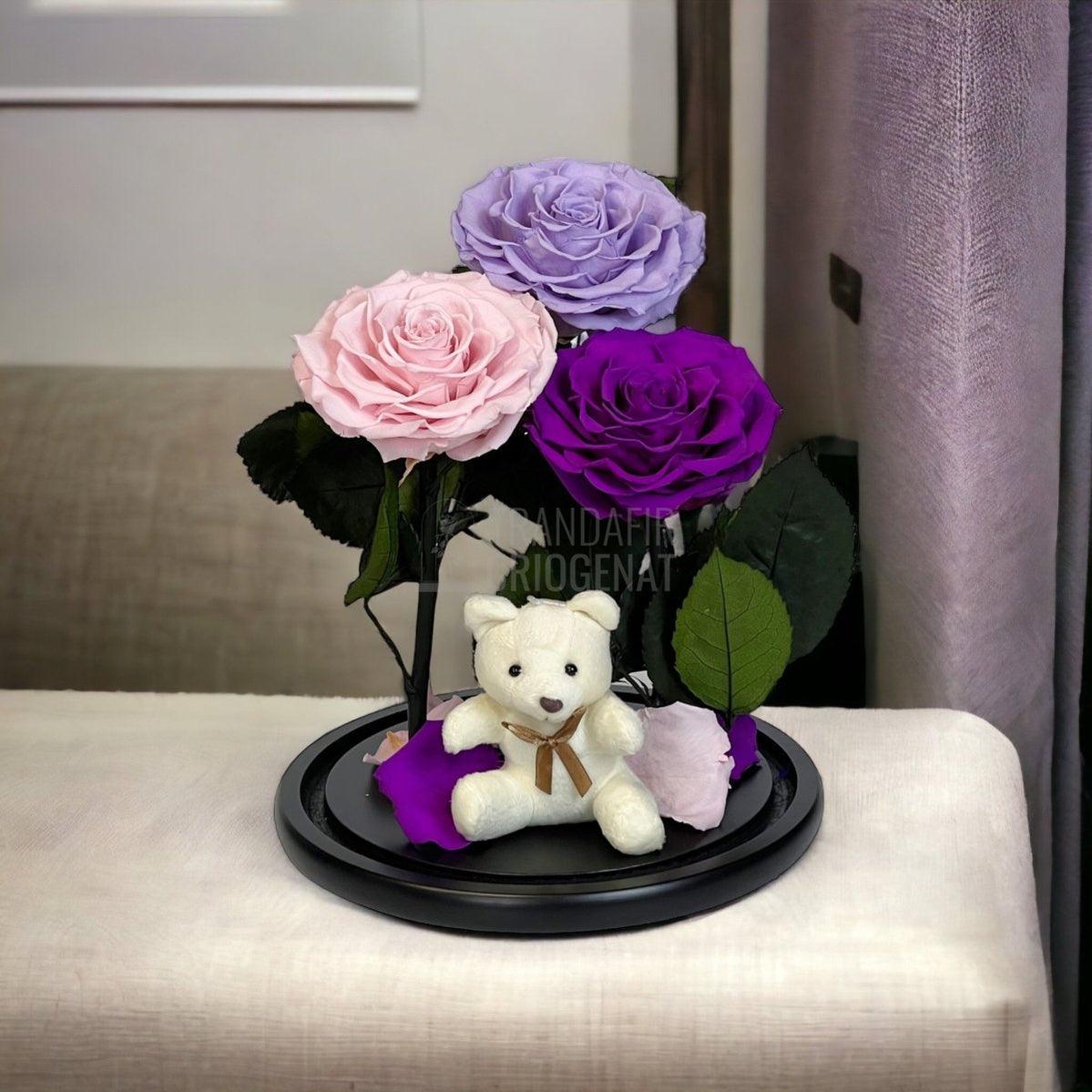 3 Trandafiri Criogenati mari, lila, roz, purpuriu, cupola ursulet - Trandafir-Criogenat.ro