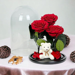 3 Trandafiri Criogenati mari rosii in cupola sticla, cu ursulet - Trandafir-Criogenat.ro