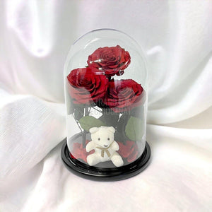 3 Trandafiri Criogenati mari rosii in cupola sticla, cu ursulet - Trandafir-Criogenat.ro