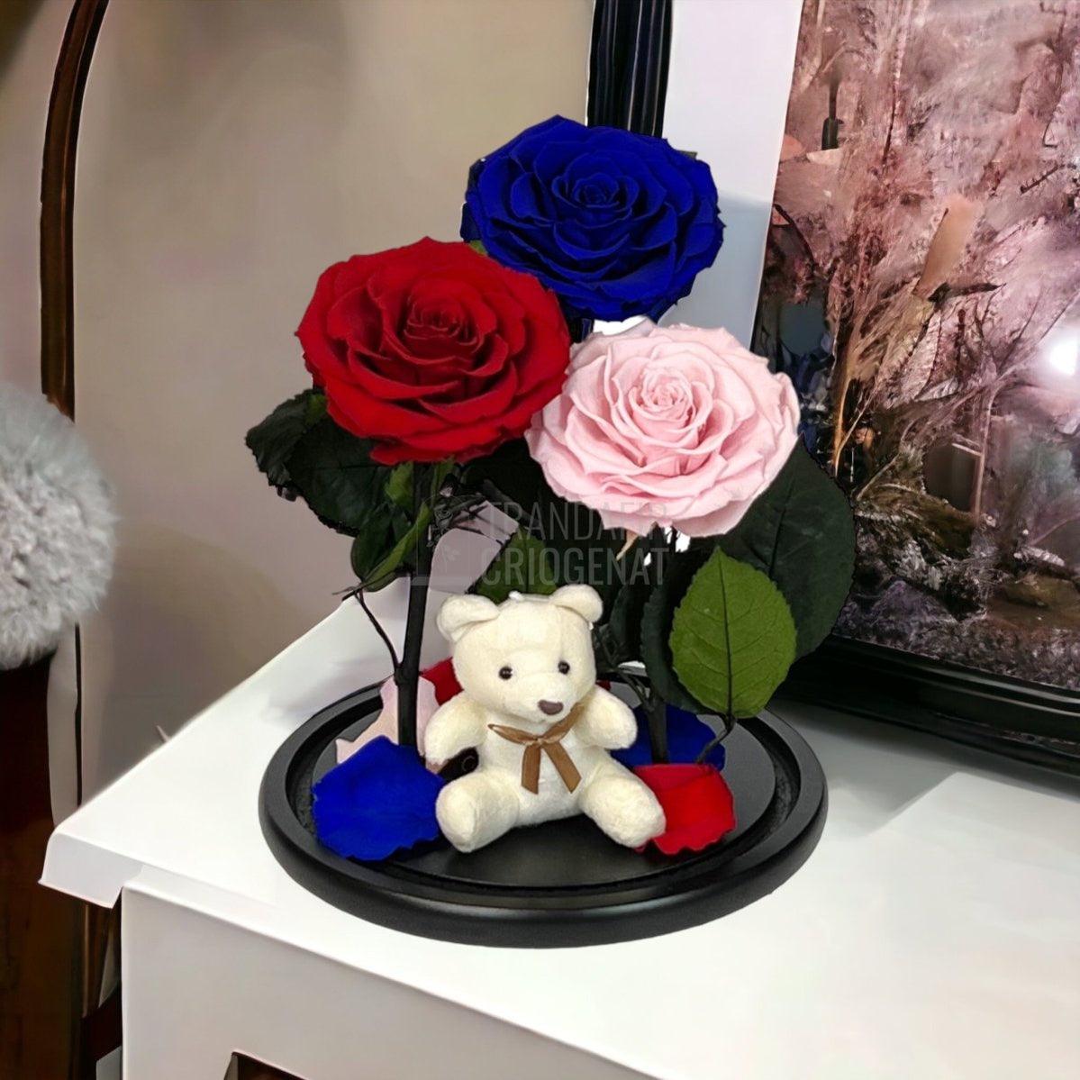 3 Trandafiri Criogenati mari, rosu, albastru, roz, cupola ursulet - Trandafir-Criogenat.ro