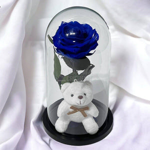 Trandafir Criogenat albastru Ø8cm in cupola sticla cu Ursulet - Trandafir-Criogenat.ro