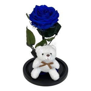 Trandafir Criogenat albastru Ø8cm in cupola sticla cu Ursulet - Trandafir-Criogenat.ro