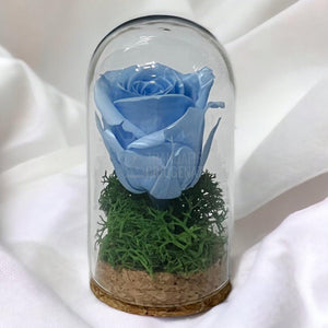 Trandafir Criogenat bleu in cupola de sticla 5x9,5cm (marturie) - Trandafir-Criogenat.ro