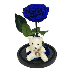 Trandafir Criogenat Bonita albastru in cupola sticla cu Ursulet - Trandafir-Criogenat.ro
