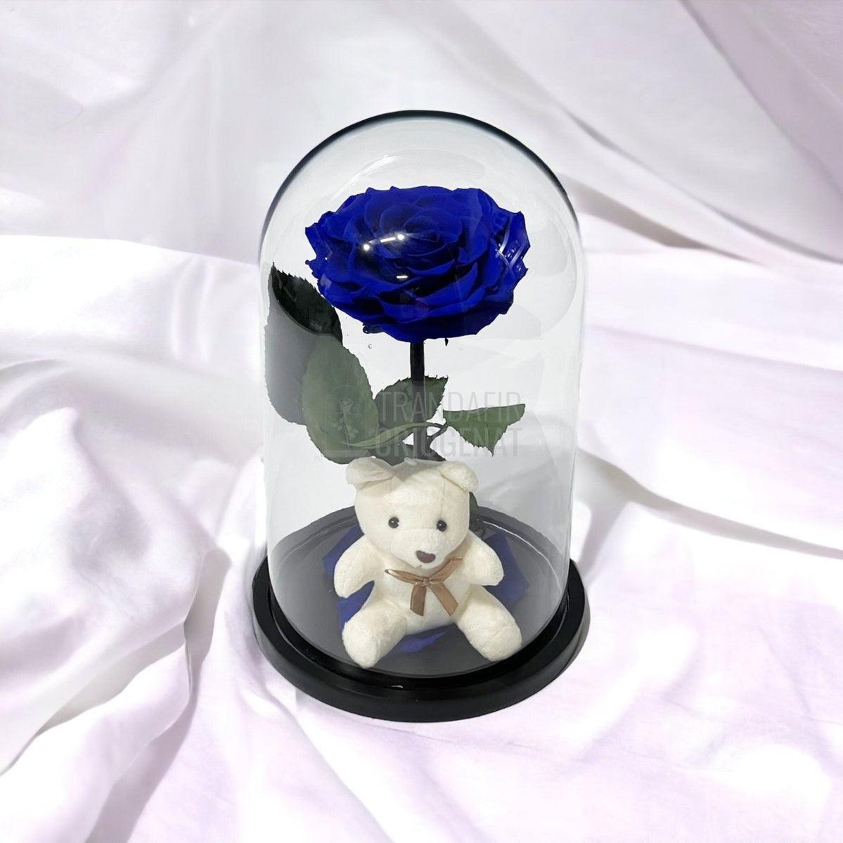 Trandafir Criogenat Bonita albastru in cupola sticla cu Ursulet - Trandafir-Criogenat.ro