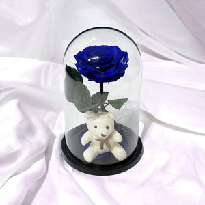 Trandafir Criogenat Bonita albastru in cupola sticla cu Ursulet - Trandafir-Criogenat.ro