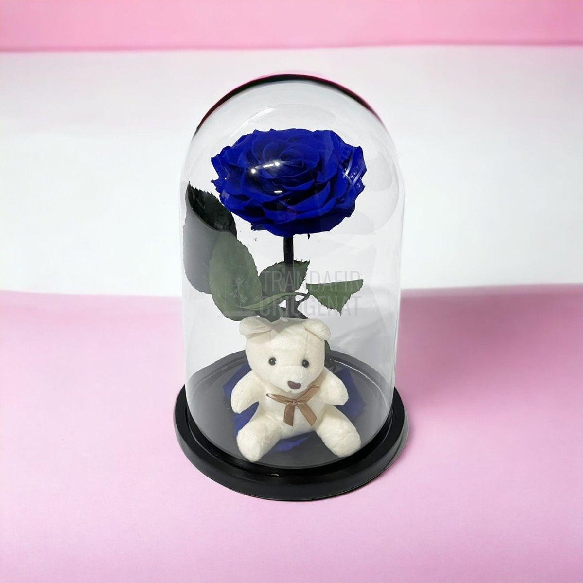 Trandafir Criogenat Bonita albastru in cupola sticla cu Ursulet - Trandafir-Criogenat.ro