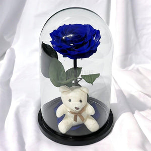 Trandafir Criogenat Bonita albastru in cupola sticla cu Ursulet - Trandafir-Criogenat.ro