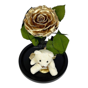 Trandafir Criogenat Bonita auriu in cupola sticla cu Ursulet - Trandafir-Criogenat.ro