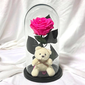 Trandafir Criogenat ciclam Ø8cm in cupola sticla cu Ursulet - Trandafir-Criogenat.ro