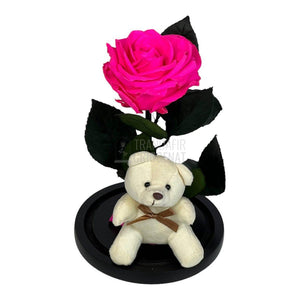 Trandafir Criogenat ciclam Ø8cm in cupola sticla cu Ursulet - Trandafir-Criogenat.ro