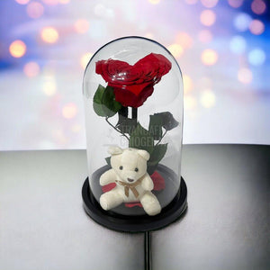Trandafir Criogenat inima rosie in cupola sticla cu Ursulet - Trandafir-Criogenat.ro