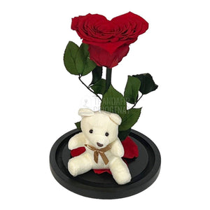 Trandafir Criogenat inima rosie in cupola sticla cu Ursulet - Trandafir-Criogenat.ro