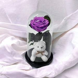 Trandafir Criogenat lila intens Ø8cm in cupola sticla cu Ursulet - Trandafir-Criogenat.ro