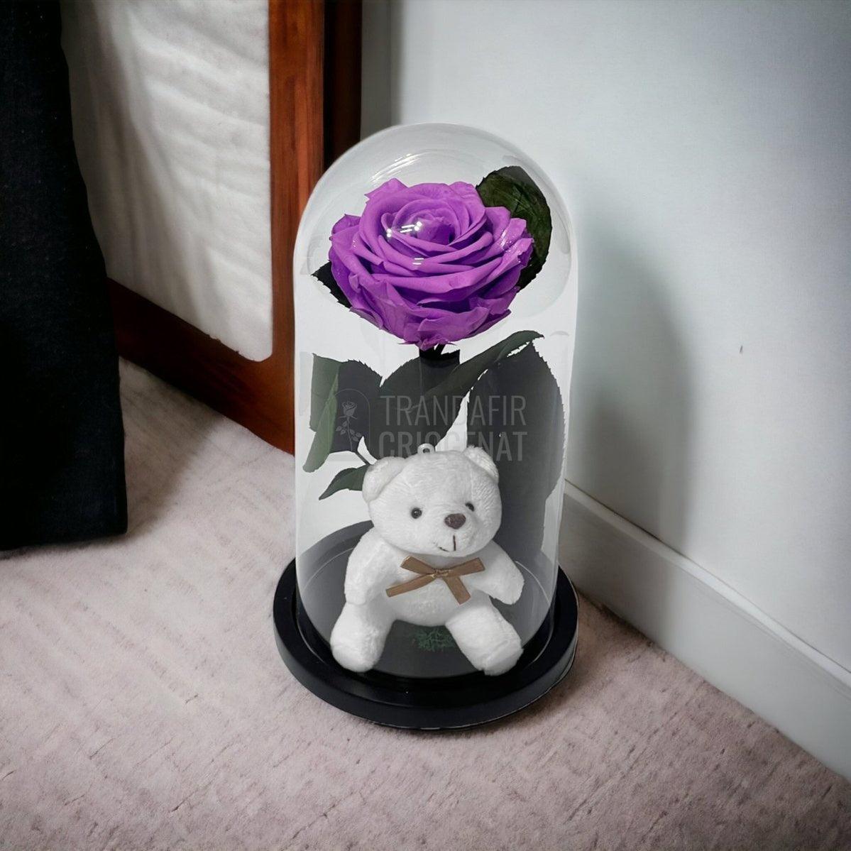 Trandafir Criogenat lila intens Ø8cm in cupola sticla cu Ursulet - Trandafir-Criogenat.ro