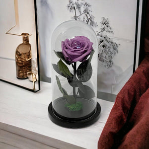 Trandafir Criogenat lila Ø8cm in cupola de sticla, cu mesaj - Trandafir-Criogenat.ro