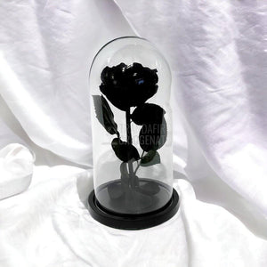 Trandafir Criogenat negru Ø8cm in cupola de sticla, cu mesaj - Trandafir-Criogenat.ro