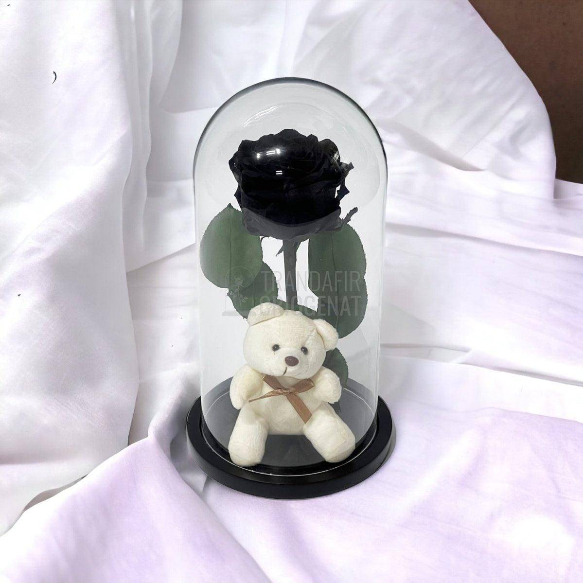 Trandafir Criogenat negru Ø8cm in cupola de sticla cu Ursulet - Trandafir-Criogenat.ro