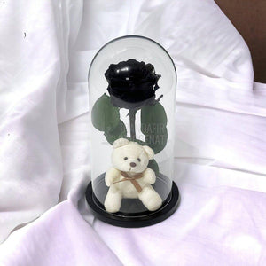 Trandafir Criogenat negru Ø8cm in cupola de sticla cu Ursulet - Trandafir-Criogenat.ro