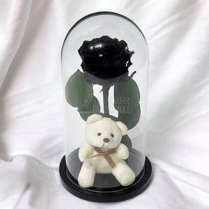 Trandafir Criogenat negru Ø8cm in cupola de sticla cu Ursulet - Trandafir-Criogenat.ro