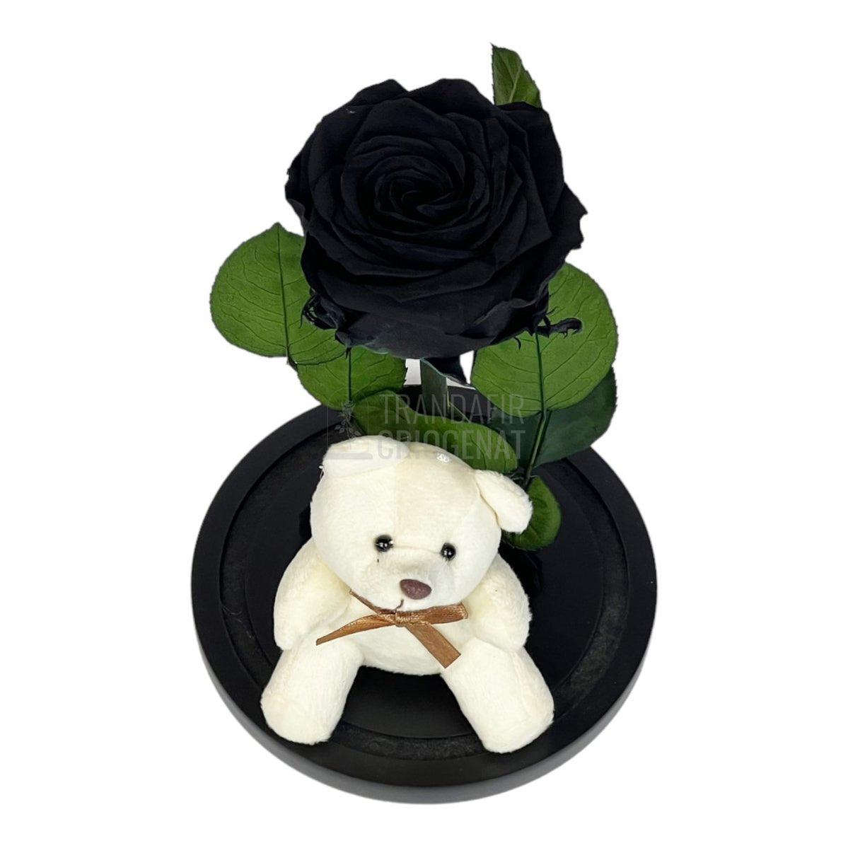Trandafir Criogenat negru Ø8cm in cupola de sticla cu Ursulet - Trandafir-Criogenat.ro