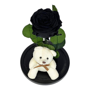 Trandafir Criogenat negru Ø8cm in cupola de sticla cu Ursulet - Trandafir-Criogenat.ro