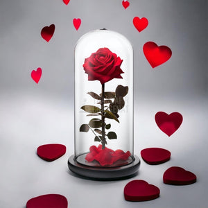 Trandafir Criogenat premium rosu Ø8cm in cupola sticla 12x25cm - Trandafir-Criogenat.ro