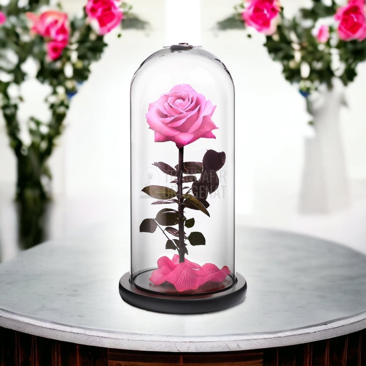 Trandafir Criogenat premium roz Ø8cm in cupola sticla 12x25cm - Trandafir-Criogenat.ro