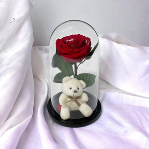 Trandafir Criogenat rosu Ø8cm in cupola de sticla cu Ursulet - Trandafir-Criogenat.ro