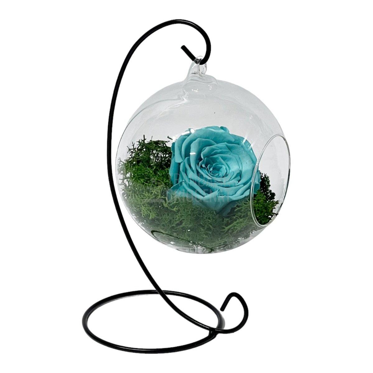 Trandafir Criogenat turquoise in glob de sticla suspendat Ø12cm - Trandafir-Criogenat.ro