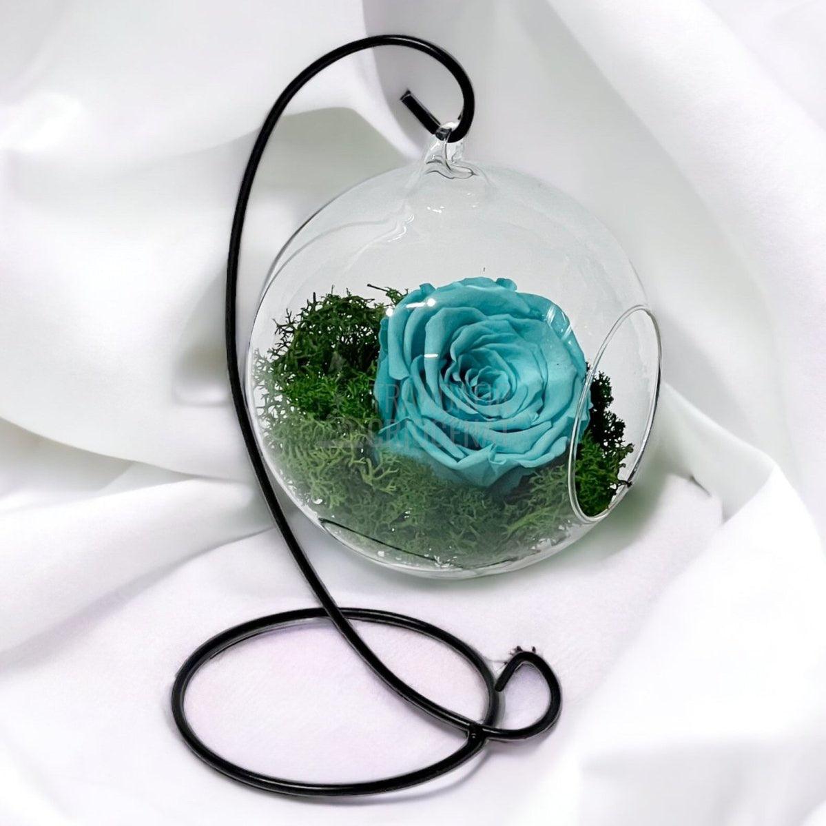 Trandafir Criogenat turquoise in glob de sticla suspendat Ø12cm - Trandafir-Criogenat.ro