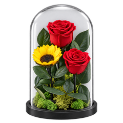 2 trandafiri criogenați XL roșii și o floarea-soarelui XL galbenă în cupolă de sticlă 15 × 25 cm - Trandafir-Criogenat.ro