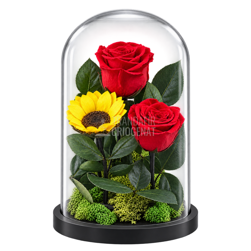 2 trandafiri criogenați XL roșii și o floarea-soarelui XL galbenă în cupolă de sticlă 15 × 25 cm - Trandafir-Criogenat.ro