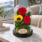 2 trandafiri criogenați XL roșii și o floarea-soarelui XL galbenă în cupolă de sticlă 15 × 25 cm - Trandafir-Criogenat.ro