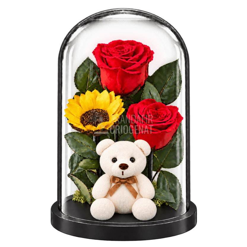 2 trandafiri criogenați XL roșii și o floarea-soarelui XL galbenă în cupolă de sticlă 15 × 25 cm - Trandafir-Criogenat.ro