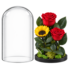 2 trandafiri criogenați XL roșii și o floarea-soarelui XL galbenă în cupolă de sticlă 15 × 25 cm - Trandafir-Criogenat.ro
