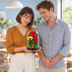 2 trandafiri criogenați XL roșii și o floarea-soarelui XL galbenă în cupolă de sticlă 15 × 25 cm - Trandafir-Criogenat.ro