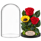 2 trandafiri criogenați XL roșii și o floarea-soarelui XL galbenă în cupolă de sticlă 15 × 25 cm - Trandafir-Criogenat.ro
