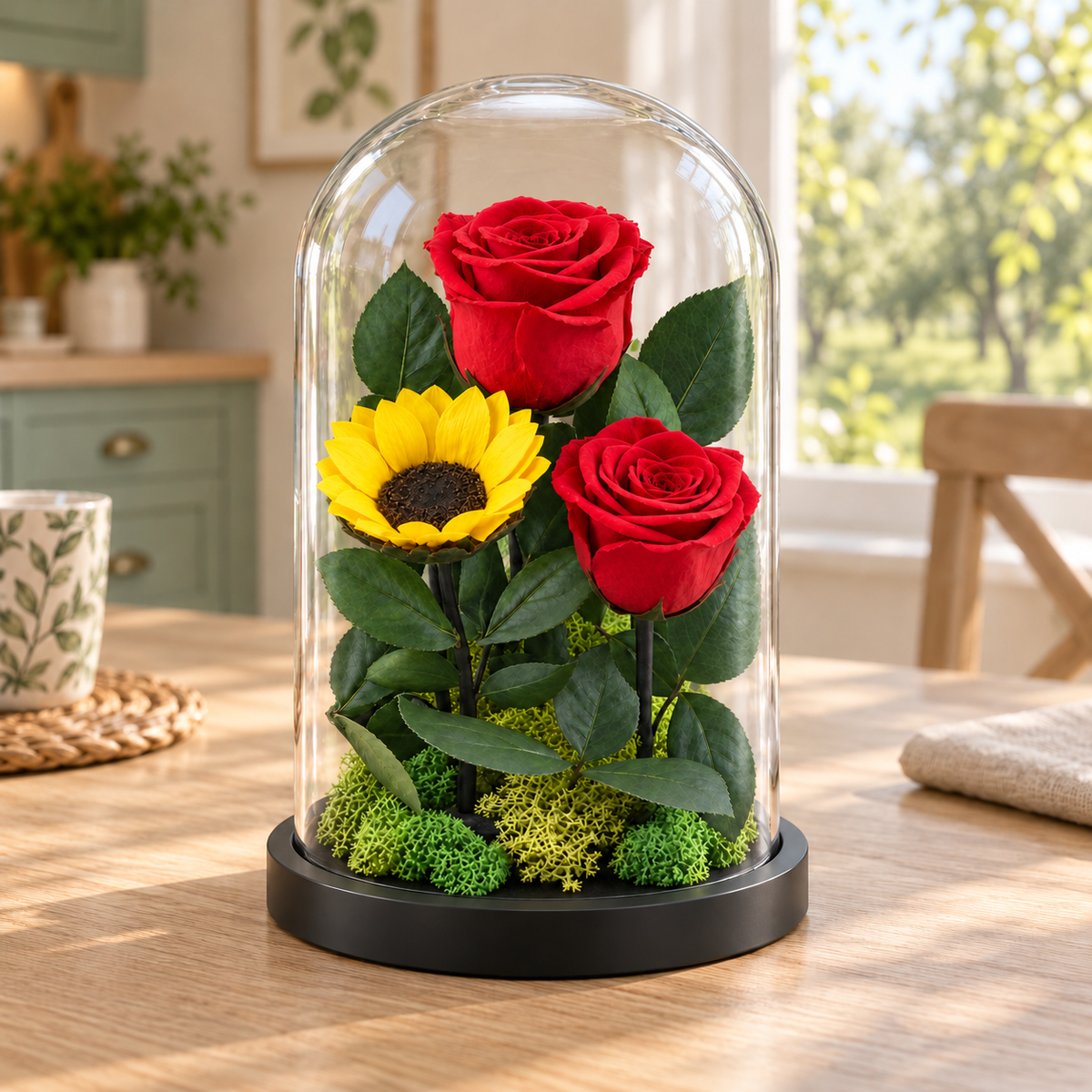 2 trandafiri criogenați XL roșii și o floarea-soarelui XL galbenă în cupolă de sticlă 15 × 25 cm - Trandafir-Criogenat.ro