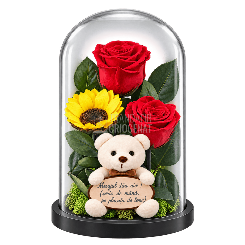 2 trandafiri criogenați XL roșii și o floarea-soarelui XL galbenă în cupolă de sticlă 15 × 25 cm - Trandafir-Criogenat.ro