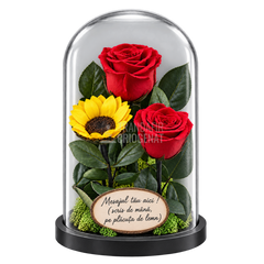 Doi trandafiri criogenați XL roșii și o floarea-soarelui XL galbenă în cupolă, cu plăcuță personalizată pe baza neagră, fără ursuleț