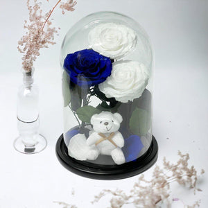 3 Trandafiri Criogenati 2 Albi 1 Albastru În Cupolă De Sticlă Cu Ursuleț Pluș - Trandafir - Criogenat.ro