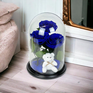 3 Trandafiri Criogenati Albastri în Cupolă de Sticlă cu Ursuleț Plush de Lux - Trandafir - Criogenat.ro