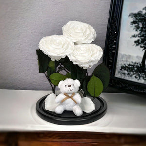 3 Trandafiri Criogenati Albi în Cupola de Sticlă cu Ursuleț Plush Cadou Special - Trandafir - Criogenat.ro