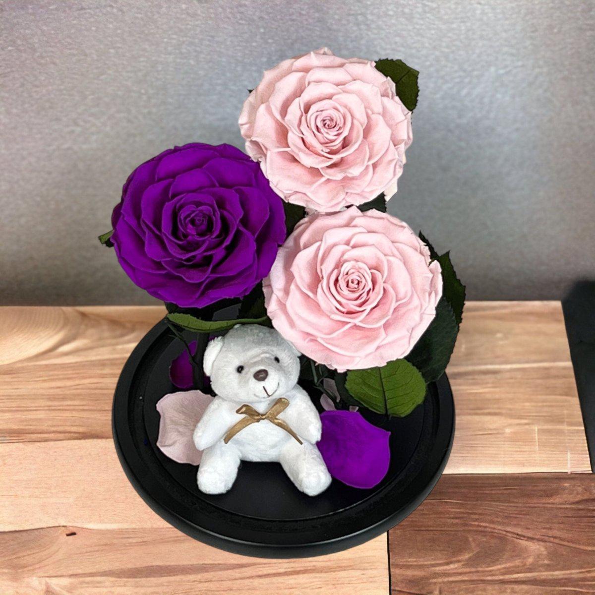 3 Trandafiri Criogenați Deosebiți Roz și Purpuriu în Cupolă de Sticlă Elegantă - Trandafir - Criogenat.ro