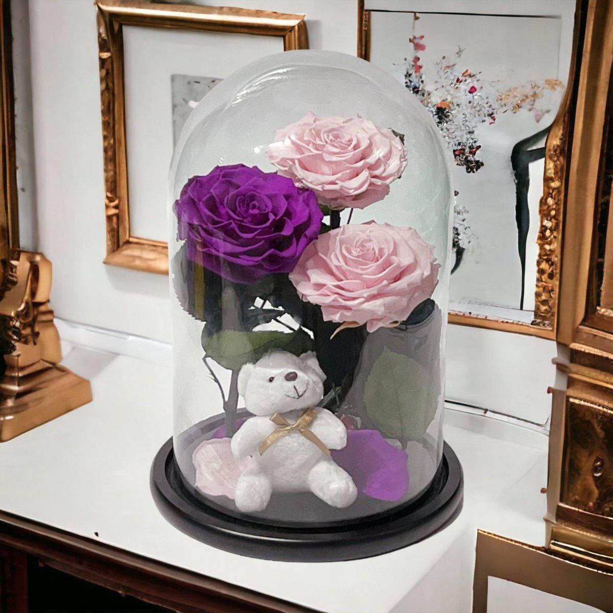 3 Trandafiri Criogenați Deosebiți Roz și Purpuriu în Cupolă de Sticlă Elegantă - Trandafir - Criogenat.ro
