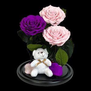 3 Trandafiri Criogenați Deosebiți Roz și Purpuriu în Cupolă de Sticlă Elegantă - Trandafir - Criogenat.ro