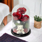 3 Trandafiri Criogenați Roșii Mari în Cupolă de Sticlă cu Ursuleț de Pluș Cadou - Trandafir - Criogenat.ro