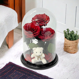 3 Trandafiri Criogenați Roșii Mari în Cupolă de Sticlă cu Ursuleț de Pluș Cadou - Trandafir - Criogenat.ro